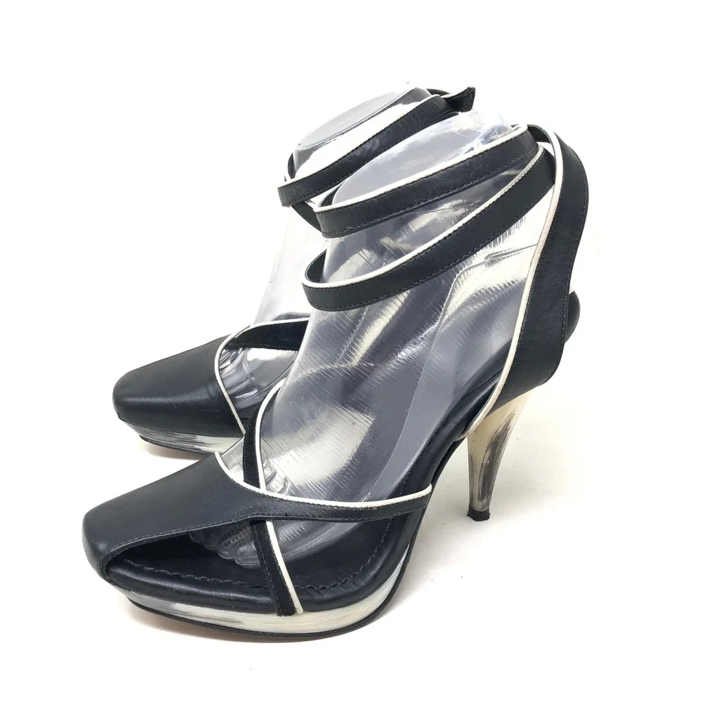 Max Azria Platform Pump Womens 36.5 Imogen Strappy Black White Leather Heel Y2K